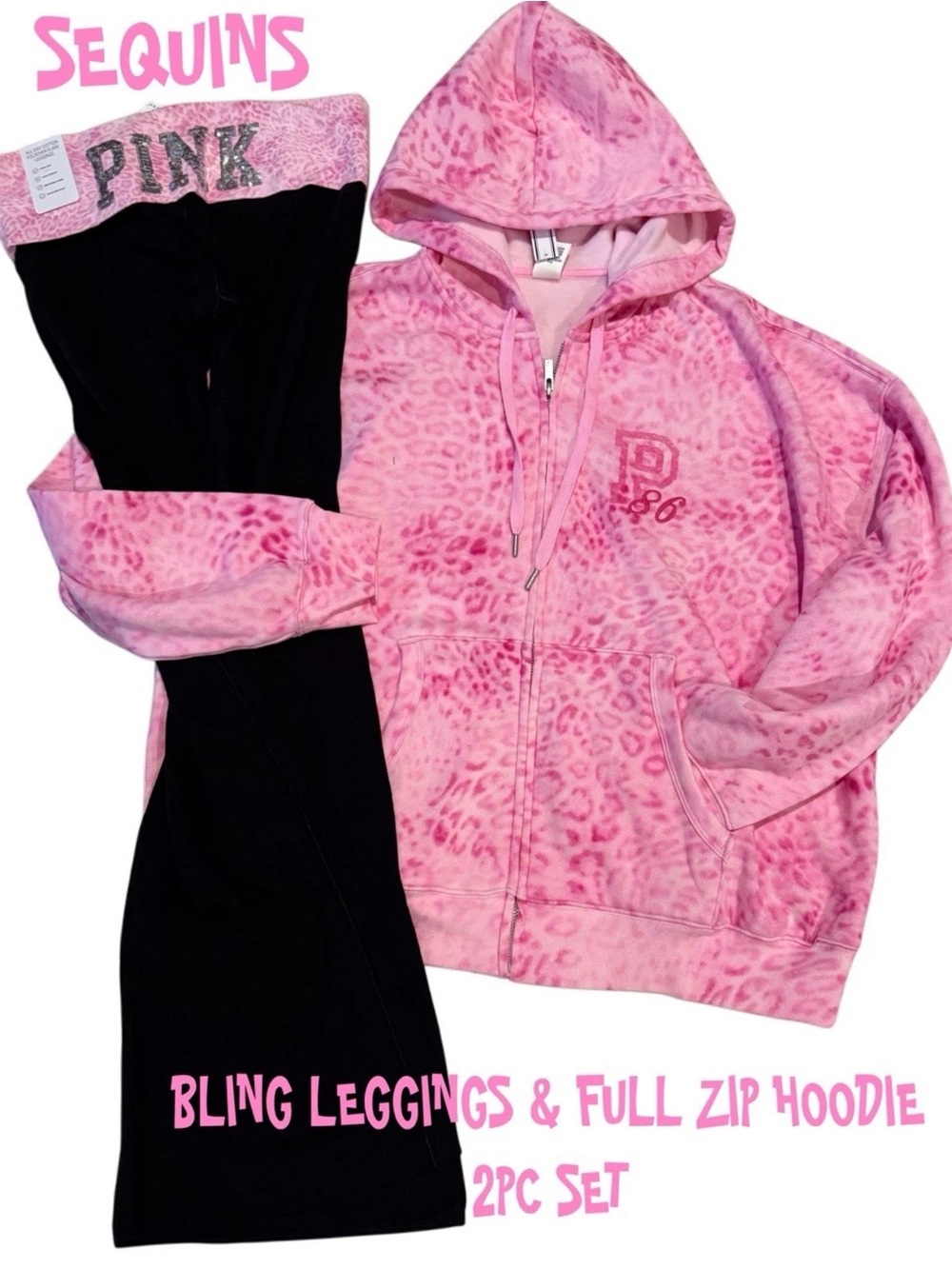 NEW VICTORIAS SECRET PINK HOODIE & BLING LEGGINGS 2PC SET XS-XL - Picture 2 of 6